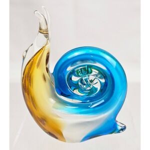 Hand Blown Art Glass Snail Figurine Blue Amber Gold Aventurine Murano Style